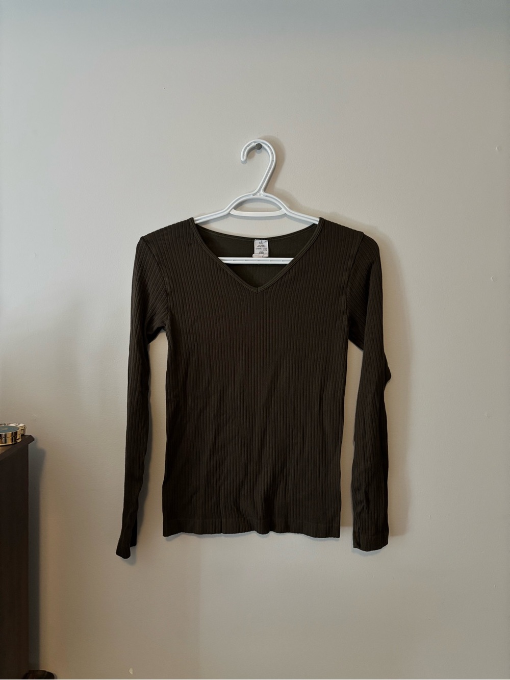 Ribbed V-Neck Long Sleeve Top - Olive